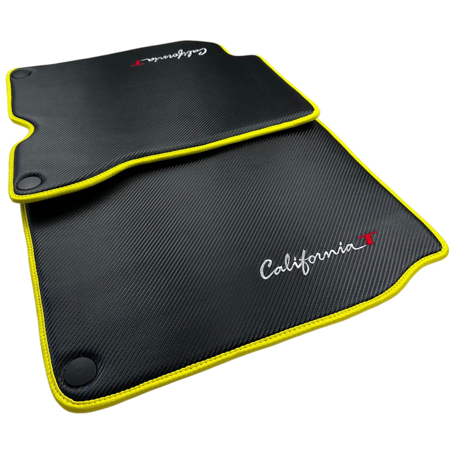 Carbon Fiber Leather Floor Mats For Ferrari California T Convertible (2008-2014) with Yellow Trim