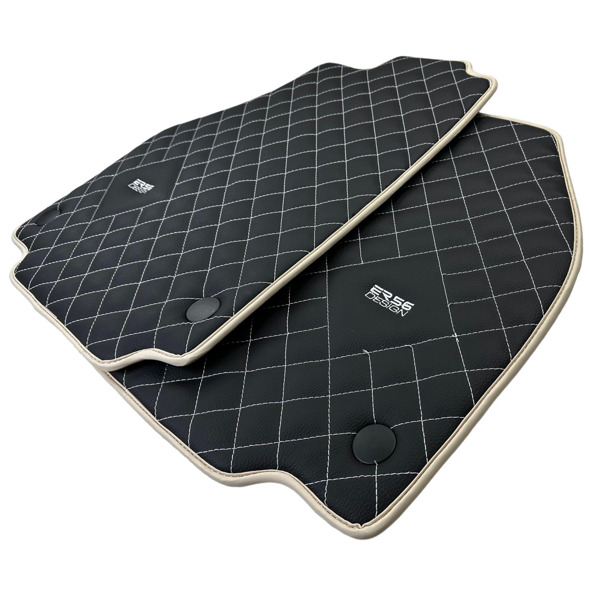 Leather Floor Mats for Ferrari 488 Spider 2015-2022 with White Sewing ER56 Design | Beige Trim